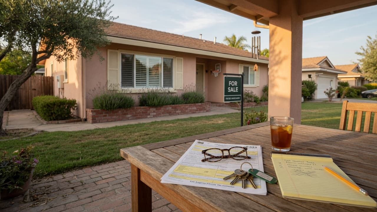 California suburban home with house keys and property tax documents — planning a Prop 19 base year value transfer for sellers 55+